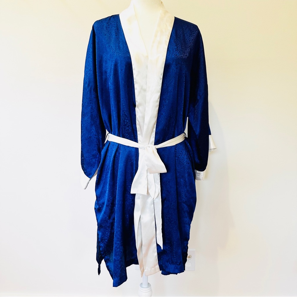 Vintage Victoria's Secret Satin Robe One Size Blue Belted Dressing Gown Kimono